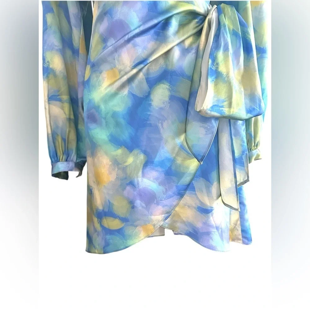 NWT Badgley Mischka Blue & Yellow Watercolor Long Sleeve Satiny Wrap Dress - Picture 7 of 10
